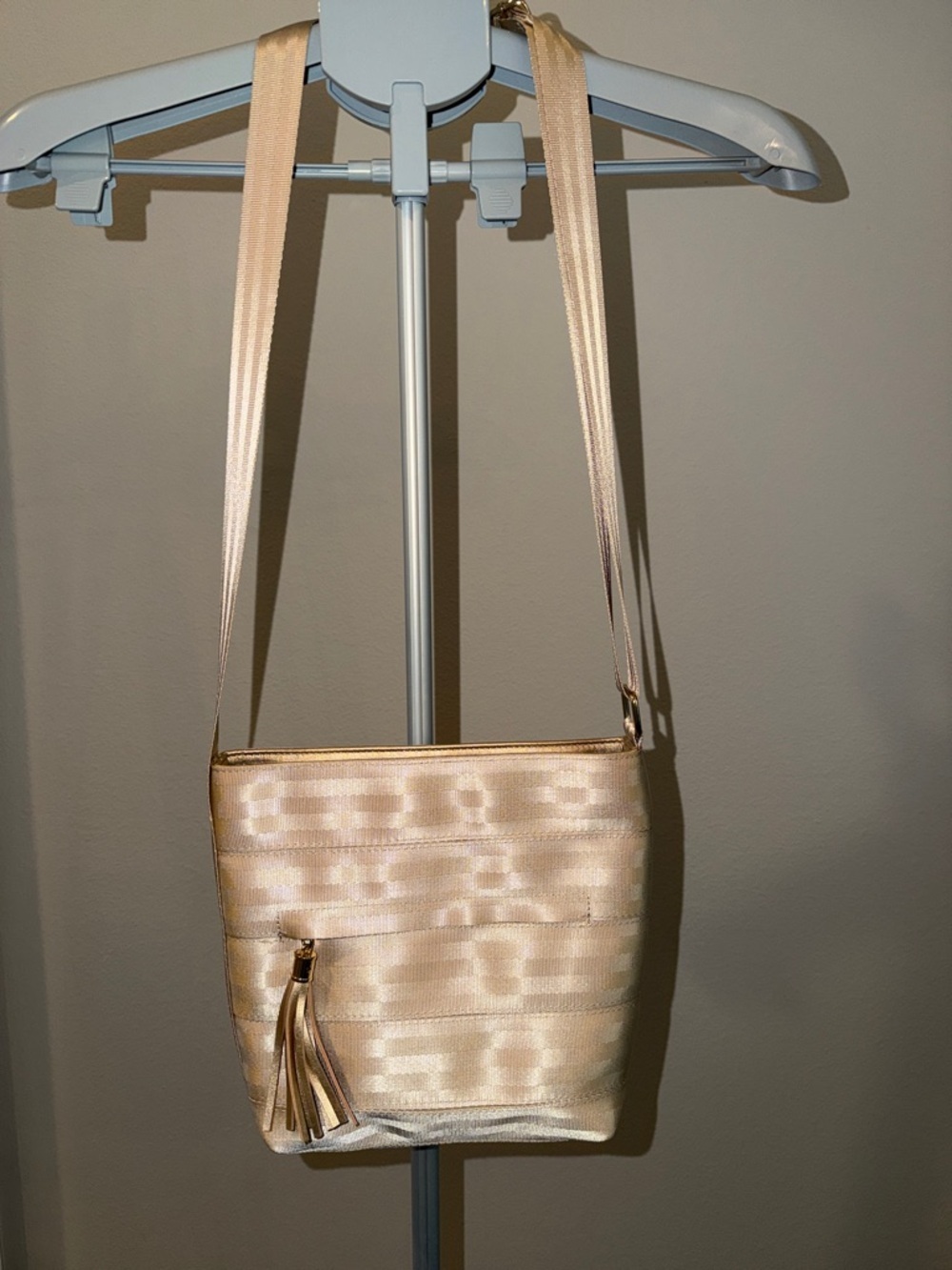 MarlaWynne Cream Satin Seatbelt Crossbody Bag with Tassel